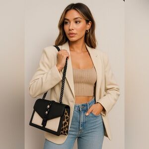 ALDO Colorblock Black Chain Structured crossbody Bag with Leopard Side Panels